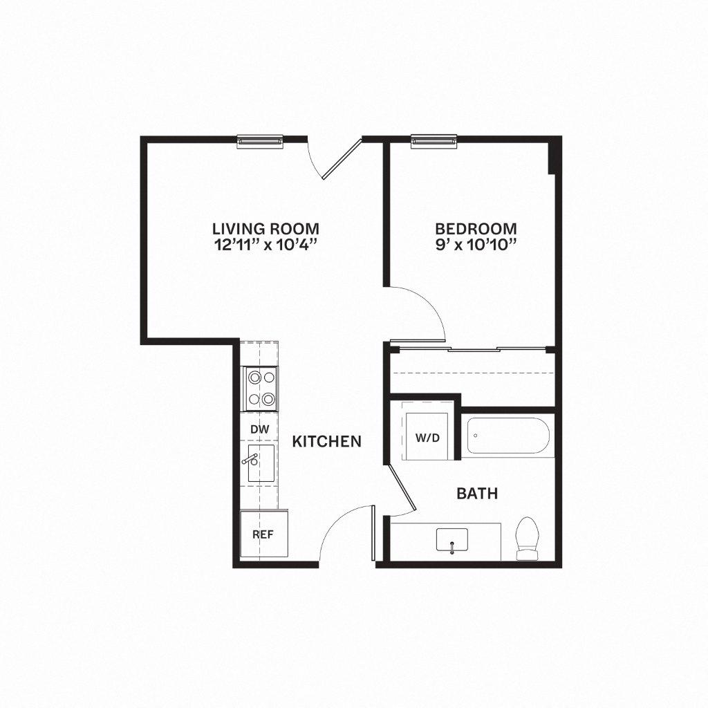 Floor plan for 1 bed, 1 bath, 497 sqft